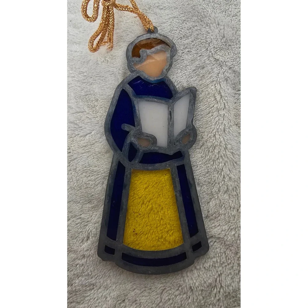 Vintage Faux Stained Glass Choir Boy Caroler Suncatcher Christmas Ornament